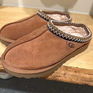 UGG Tan Suede Slippers with Patterned Trim